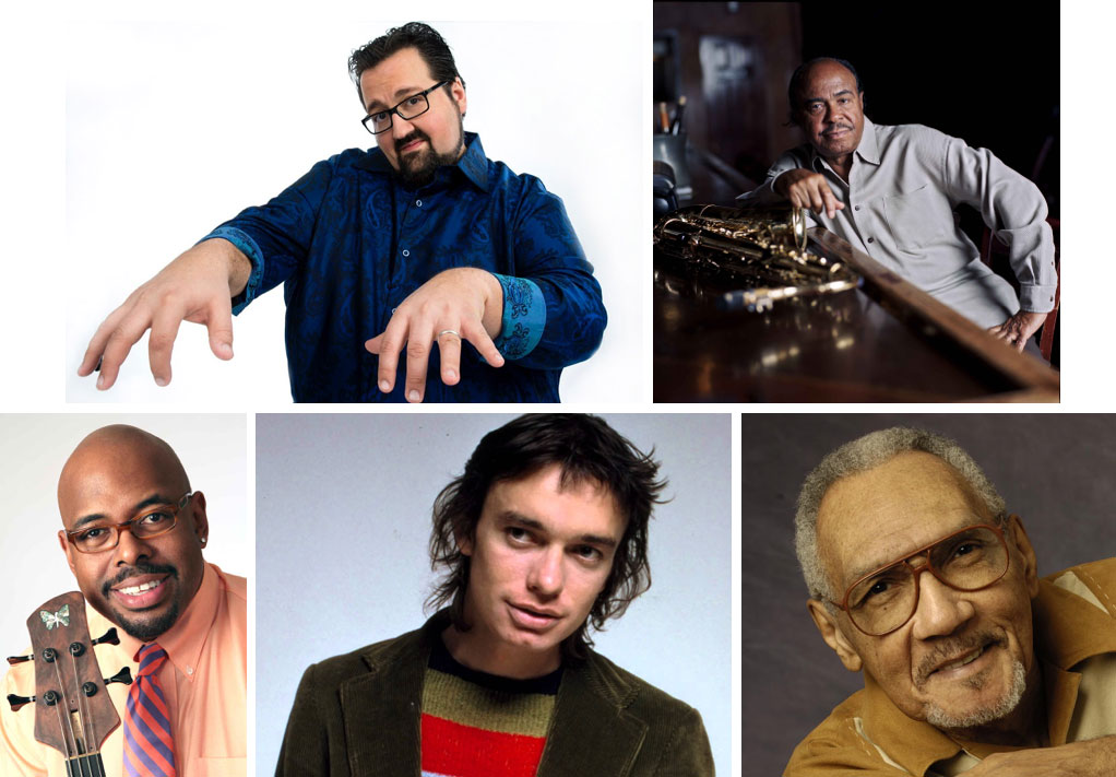Clockwise from Top Left: Joey DeFrancesco, Benny Golson, Bob Perkins, Jaco Pastorius, and Christian McBride